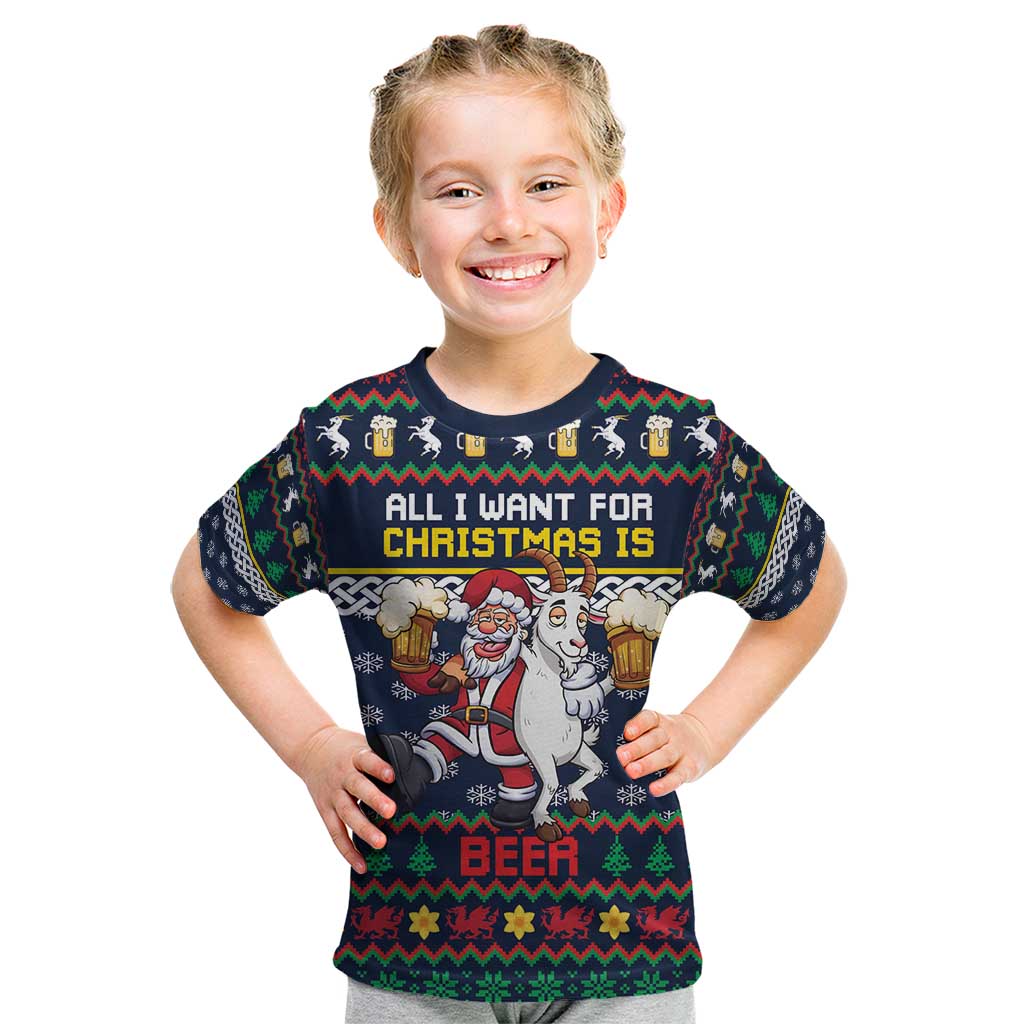 Personalized Merionethshire Wales Christmas Kid T Shirt Beer and Goat Santa Design - Wonder Print Shop