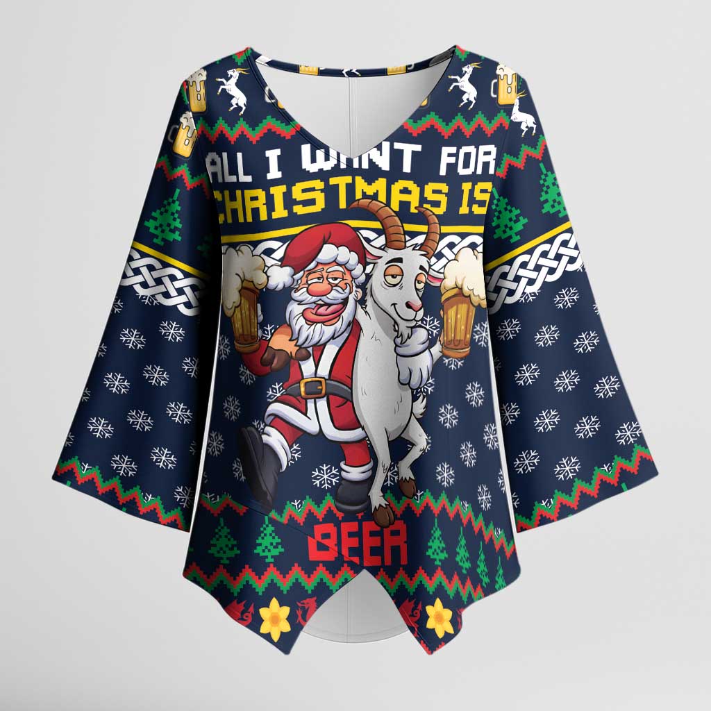 Personalized Merionethshire Wales Christmas Kimono Sleeve Blouse Beer and Goat Santa Design - Wonder Print Shop