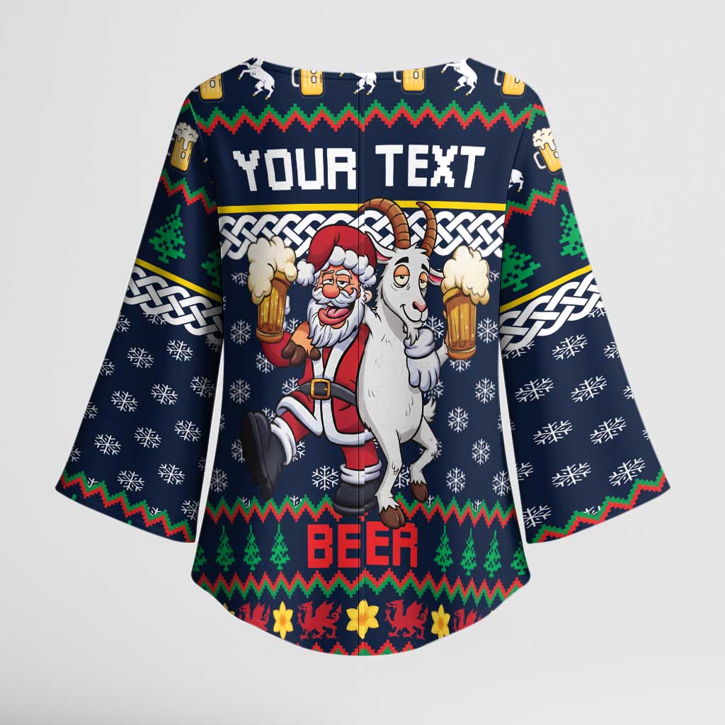 Personalized Merionethshire Wales Christmas Kimono Sleeve Blouse Beer and Goat Santa Design - Wonder Print Shop