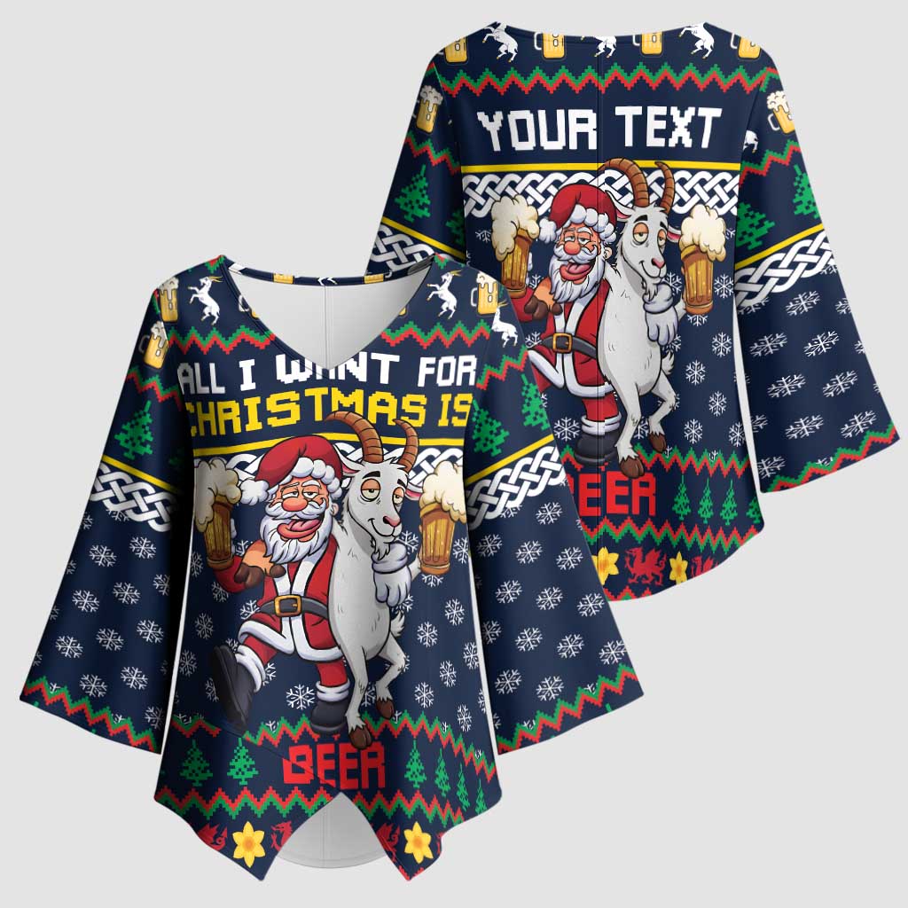 Personalized Merionethshire Wales Christmas Kimono Sleeve Blouse Beer and Goat Santa Design - Wonder Print Shop