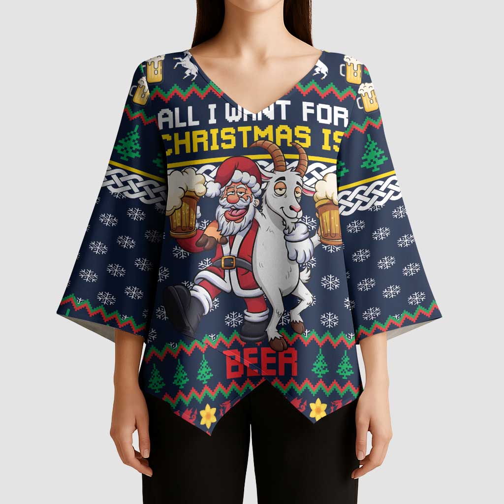 Personalized Merionethshire Wales Christmas Kimono Sleeve Blouse Beer and Goat Santa Design - Wonder Print Shop