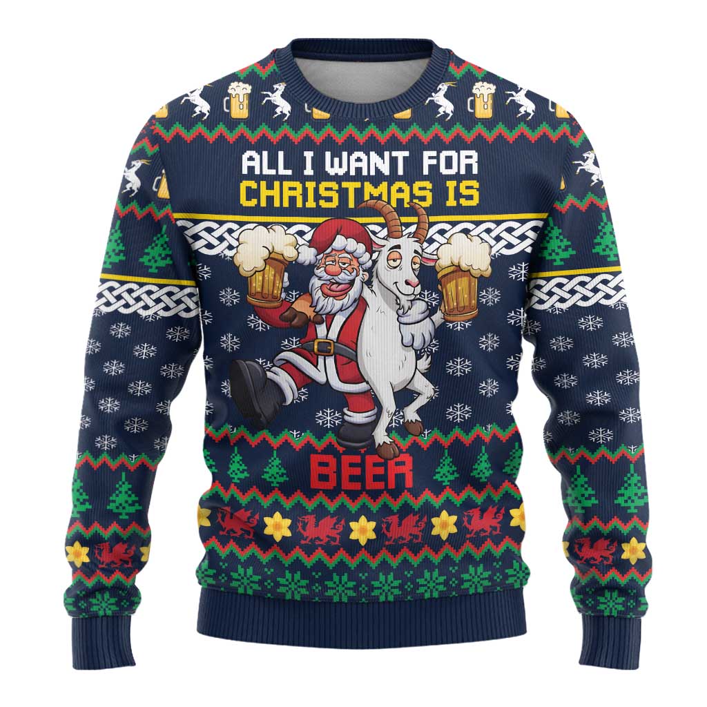 Personalized Merionethshire Wales Christmas Ugly Christmas Sweater Beer and Goat Santa Design - Wonder Print Shop