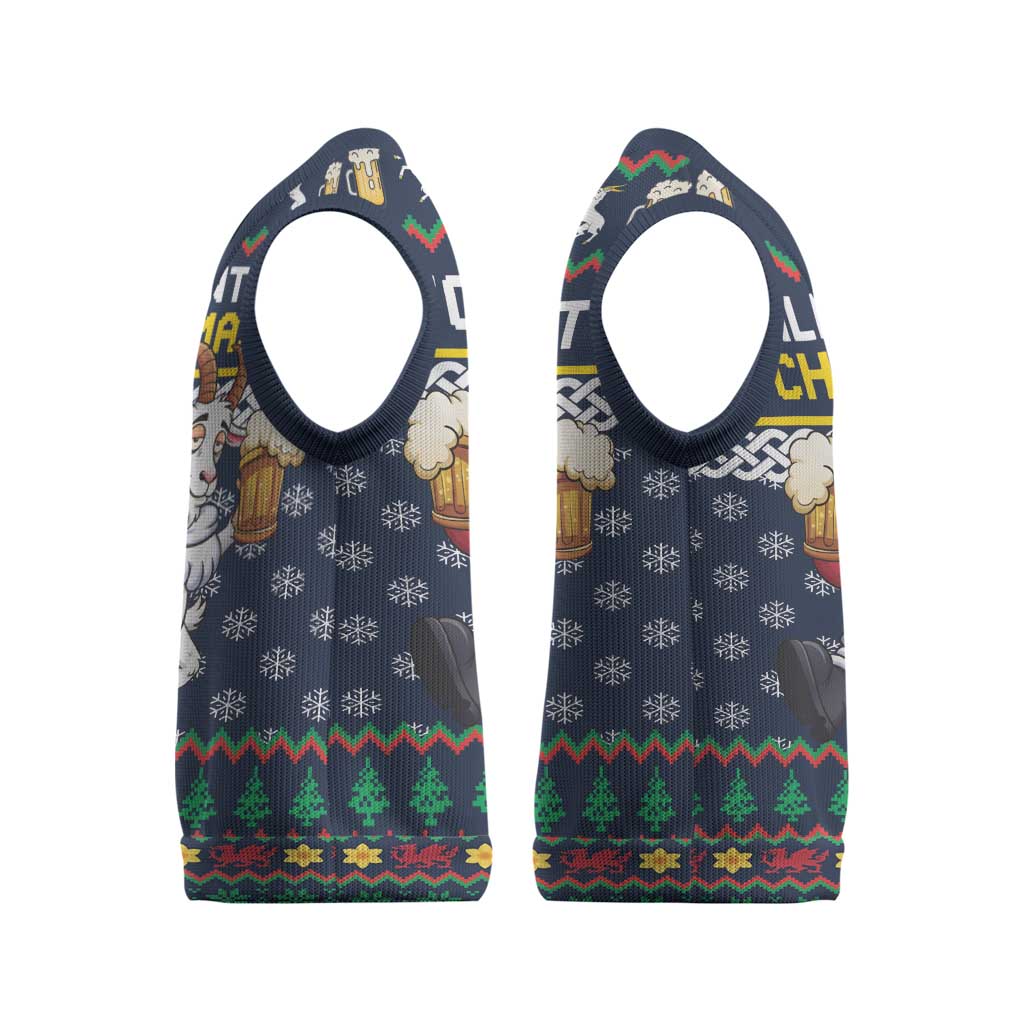 Personalized Merionethshire Wales Christmas Knitted V-Neck Vest Beer and Goat Santa Design - Wonder Print Shop
