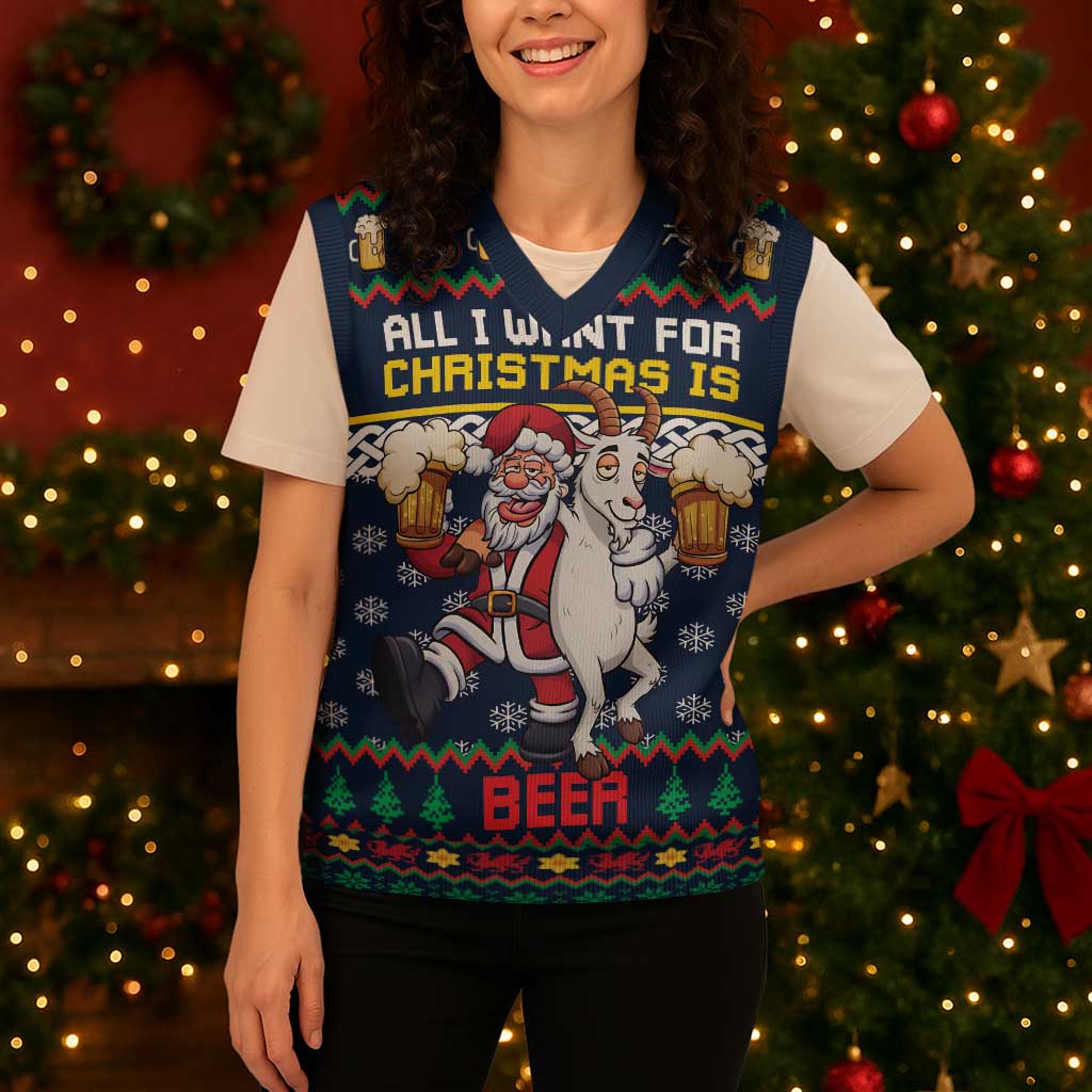 Personalized Merionethshire Wales Christmas Knitted V-Neck Vest Beer and Goat Santa Design - Wonder Print Shop