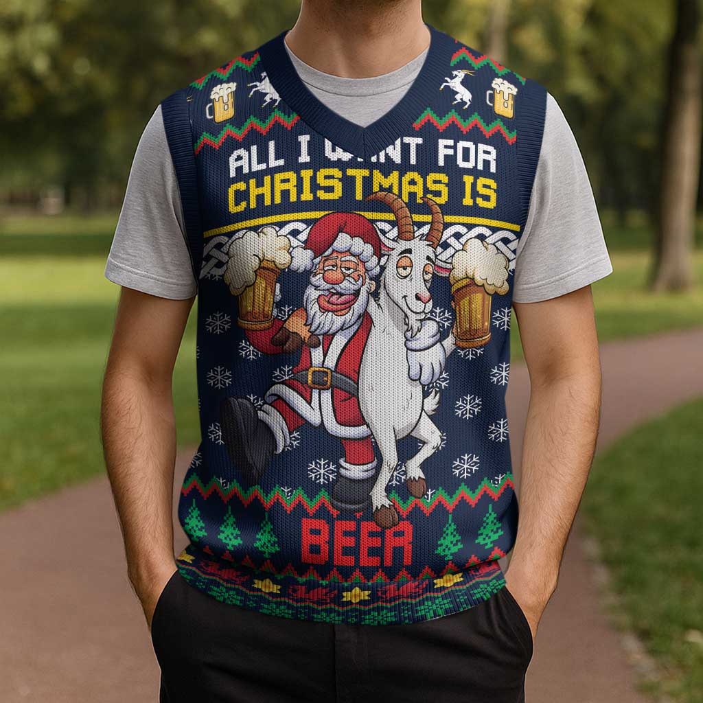 Personalized Merionethshire Wales Christmas Knitted V-Neck Vest Beer and Goat Santa Design - Wonder Print Shop