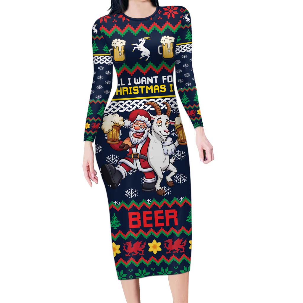 Personalized Merionethshire Wales Christmas Long Sleeve Bodycon Dress Beer and Goat Santa Design - Wonder Print Shop