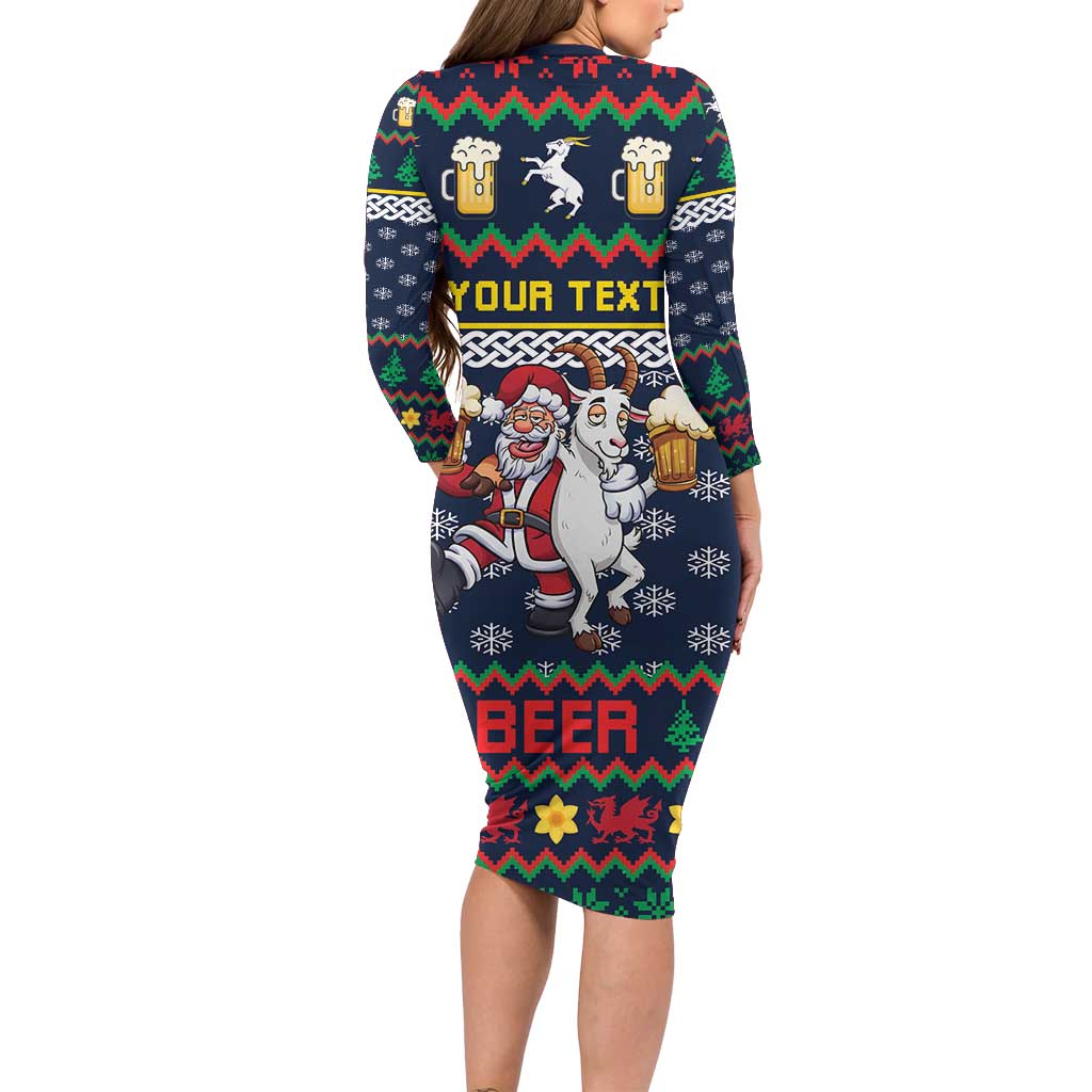 Personalized Merionethshire Wales Christmas Long Sleeve Bodycon Dress Beer and Goat Santa Design - Wonder Print Shop