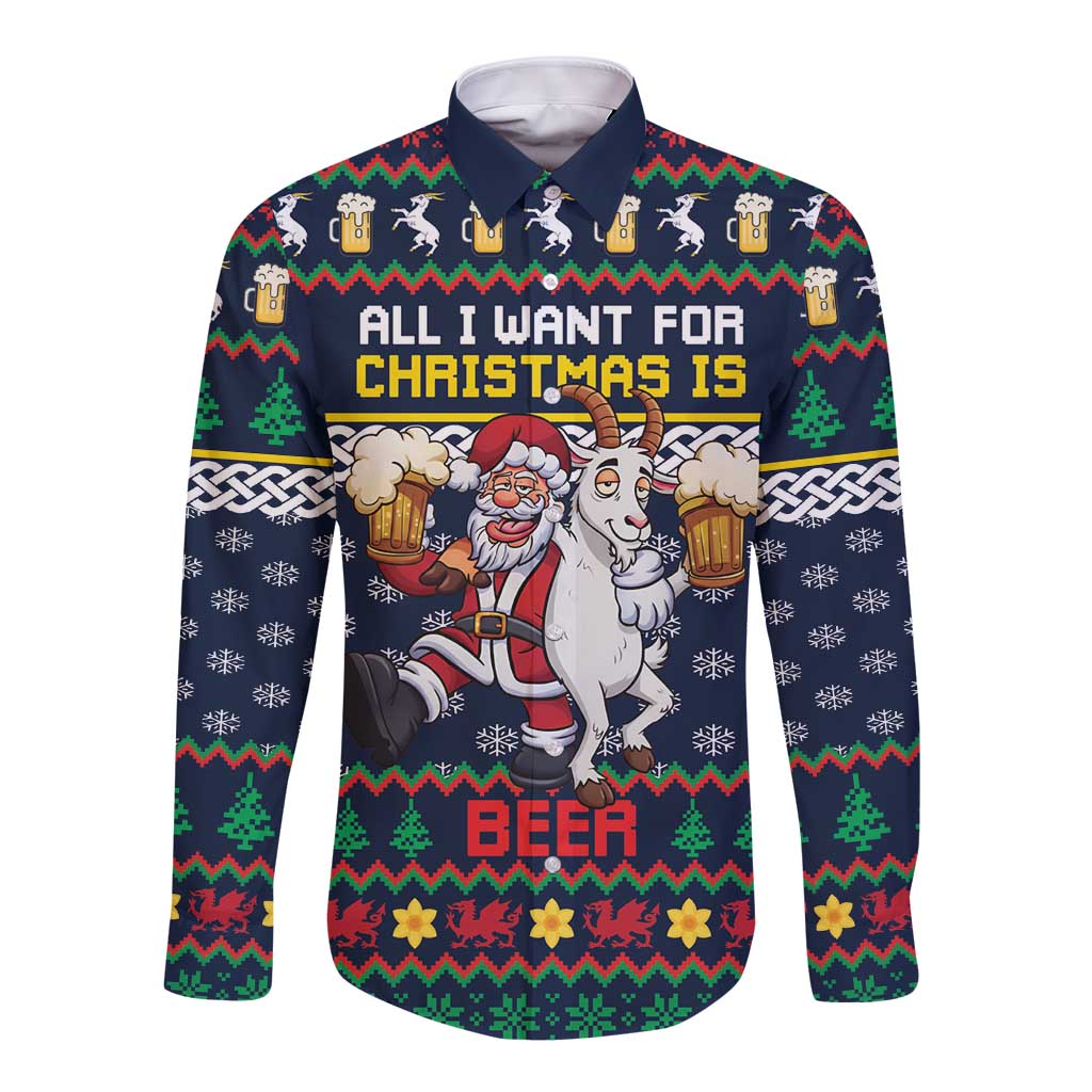 Personalized Merionethshire Wales Christmas Long Sleeve Button Shirt Beer and Goat Santa Design - Wonder Print Shop