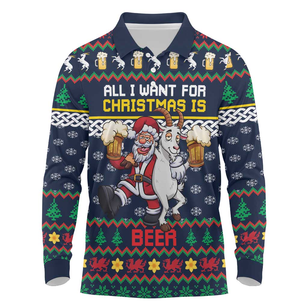 Personalized Merionethshire Wales Christmas Long Sleeve Polo Shirt Beer and Goat Santa Design - Wonder Print Shop