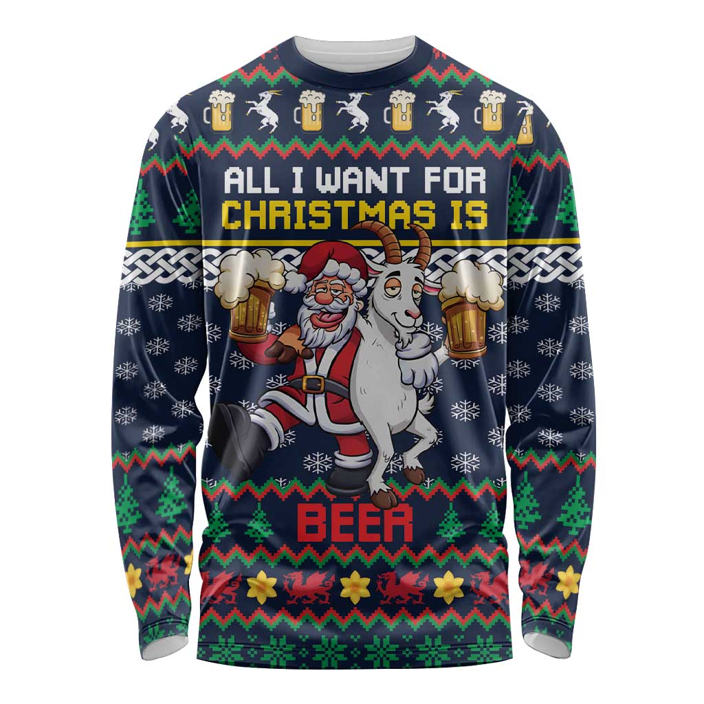 Personalized Merionethshire Wales Christmas Long Sleeve Shirt Beer and Goat Santa Design - Wonder Print Shop