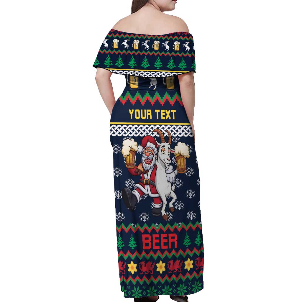 Personalized Merionethshire Wales Christmas Off Shoulder Maxi Dress Beer and Goat Santa Design - Wonder Print Shop