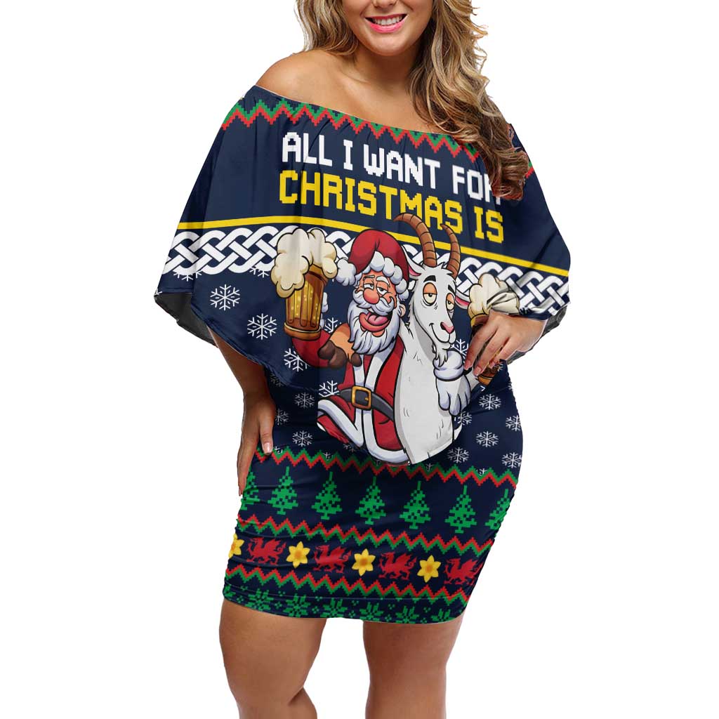 Personalized Merionethshire Wales Christmas Off Shoulder Short Dress Beer and Goat Santa Design - Wonder Print Shop