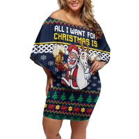 Personalized Merionethshire Wales Christmas Off Shoulder Short Dress Beer and Goat Santa Design - Wonder Print Shop