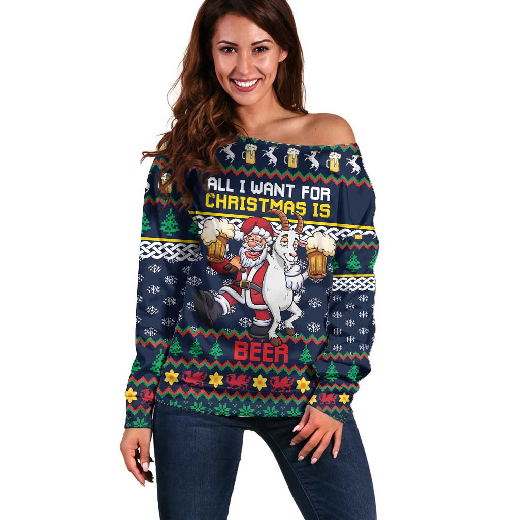 Personalized Merionethshire Wales Christmas Off Shoulder Sweater Beer and Goat Santa Design - Wonder Print Shop