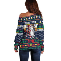 Personalized Merionethshire Wales Christmas Off Shoulder Sweater Beer and Goat Santa Design - Wonder Print Shop