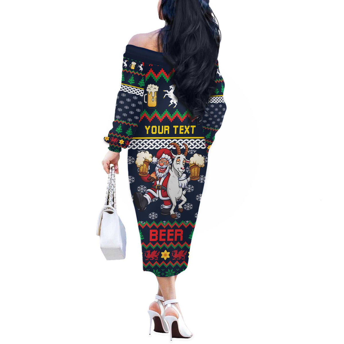 Personalized Merionethshire Wales Christmas Off The Shoulder Long Sleeve Dress Beer and Goat Santa Design - Wonder Print Shop