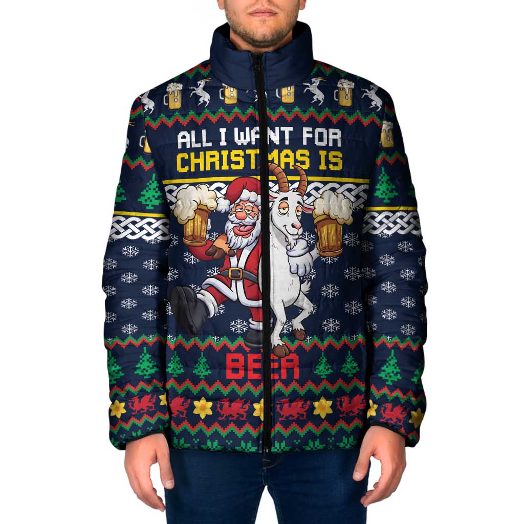 Personalized Merionethshire Wales Christmas Padded Jacket Beer and Goat Santa Design - Wonder Print Shop