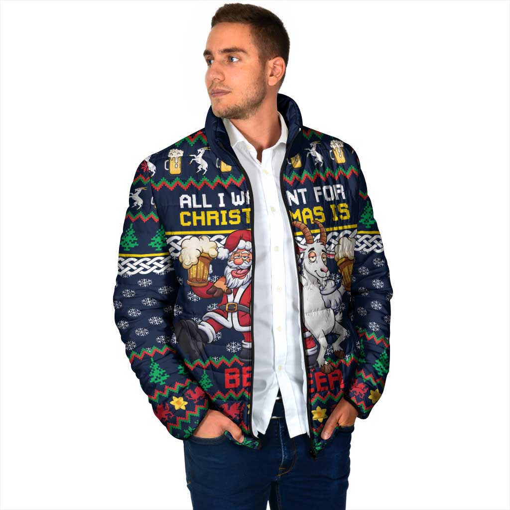 Personalized Merionethshire Wales Christmas Padded Jacket Beer and Goat Santa Design - Wonder Print Shop