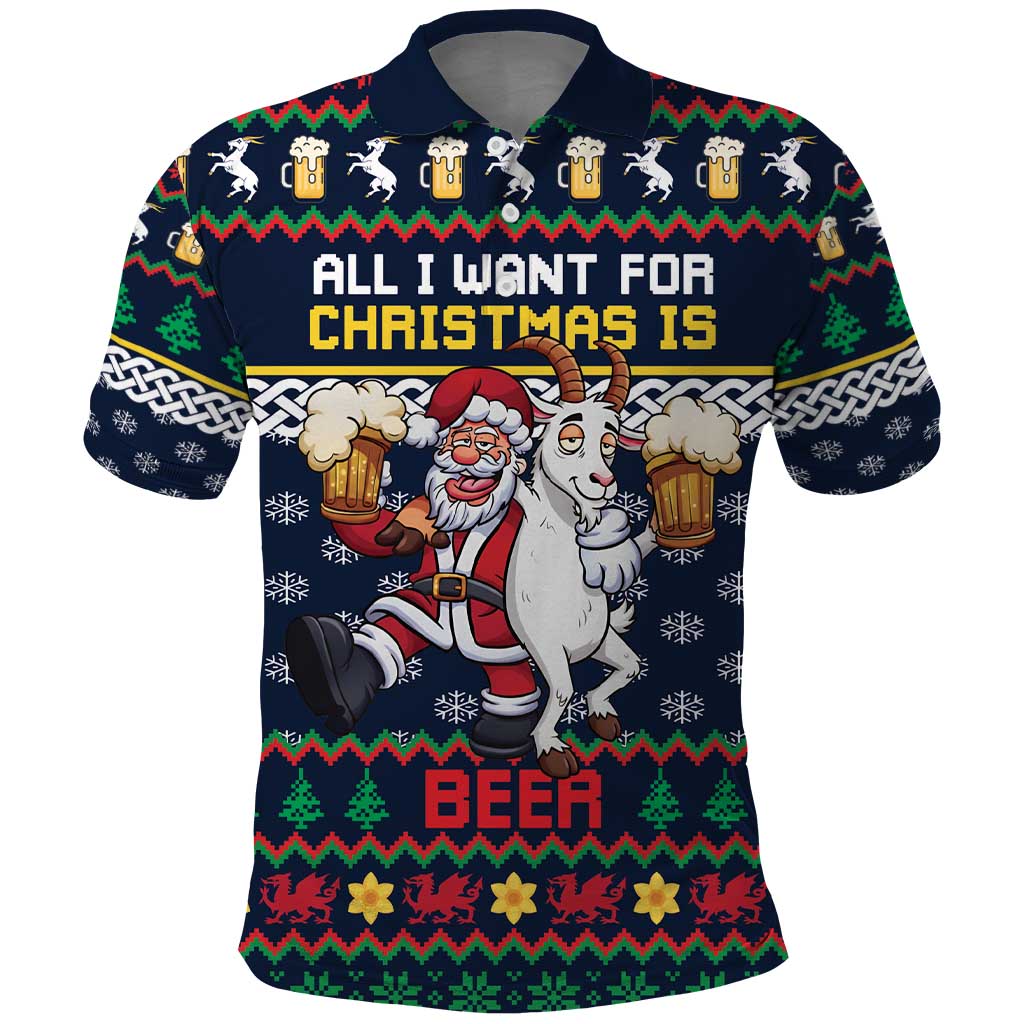 Personalized Merionethshire Wales Christmas Polo Shirt Beer and Goat Santa Design - Wonder Print Shop