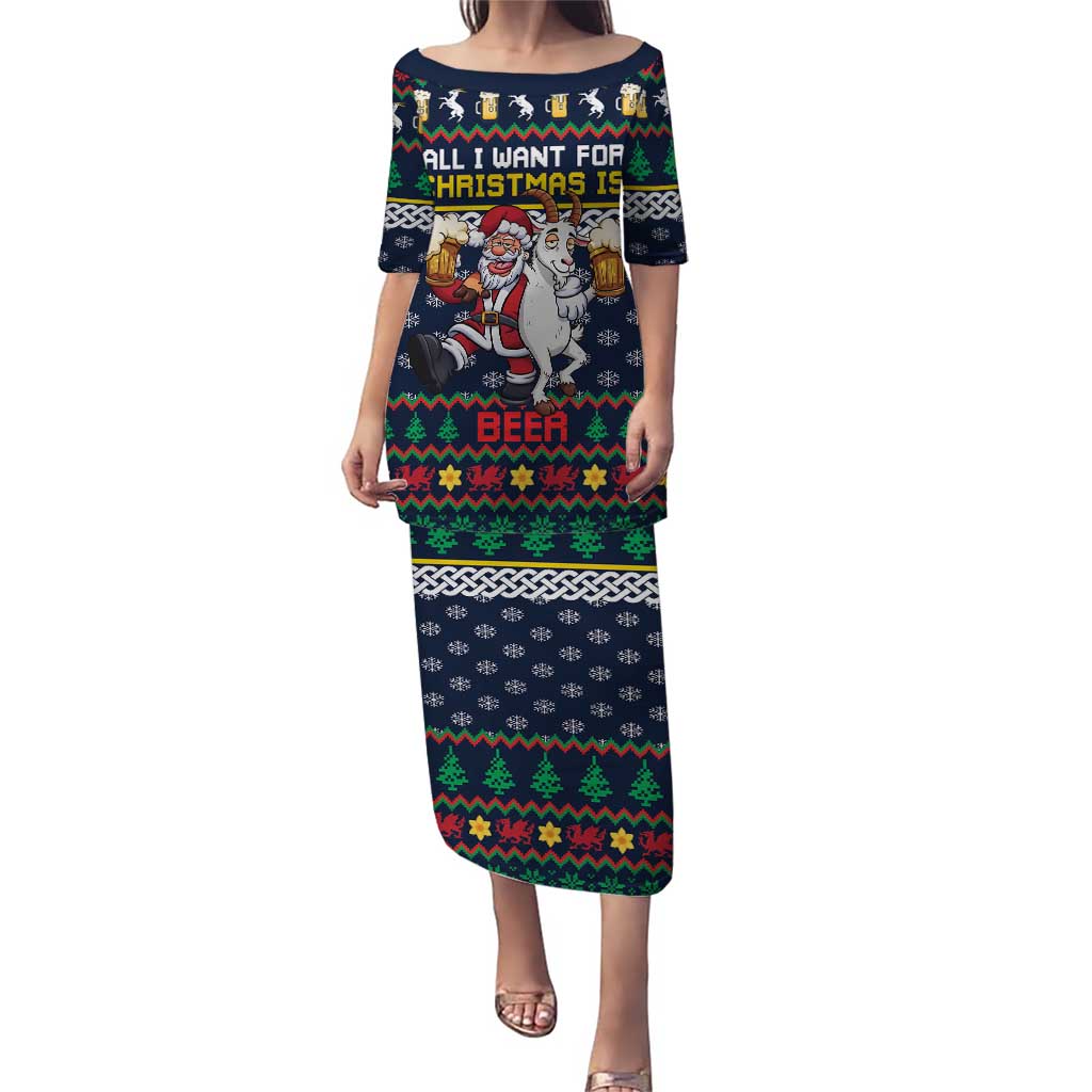 Personalized Merionethshire Wales Christmas Puletasi Beer and Goat Santa Design - Wonder Print Shop