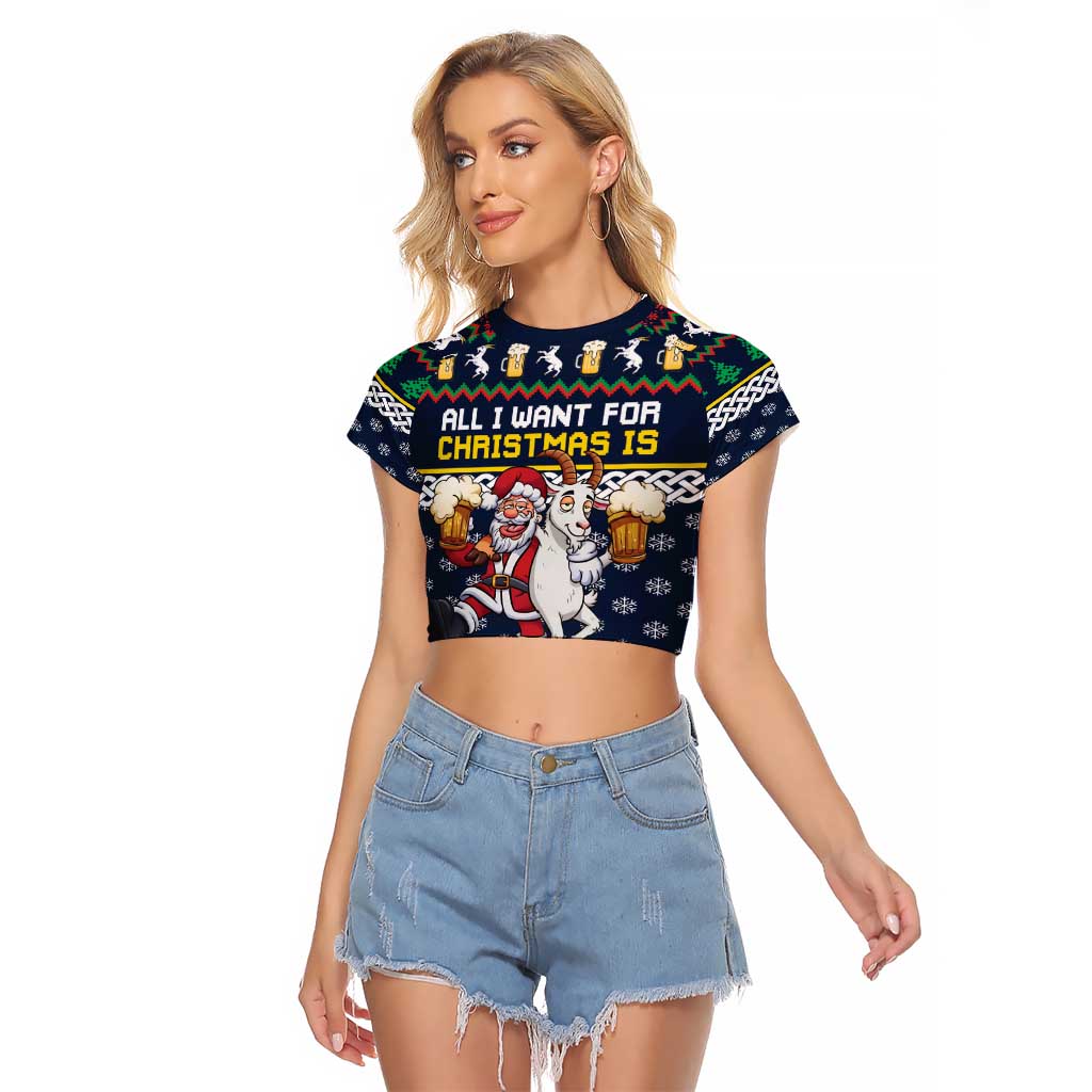 Personalized Merionethshire Wales Christmas Raglan Cropped T Shirt Beer and Goat Santa Design - Wonder Print Shop