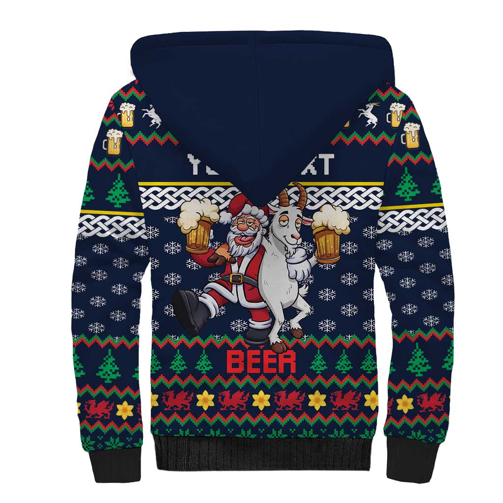 Personalized Merionethshire Wales Christmas Sherpa Hoodie Beer and Goat Santa Design - Wonder Print Shop