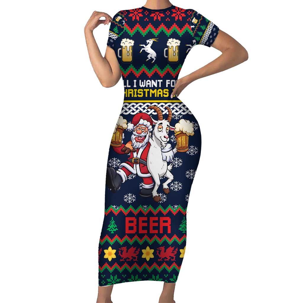 Personalized Merionethshire Wales Christmas Short Sleeve Bodycon Dress Beer and Goat Santa Design - Wonder Print Shop
