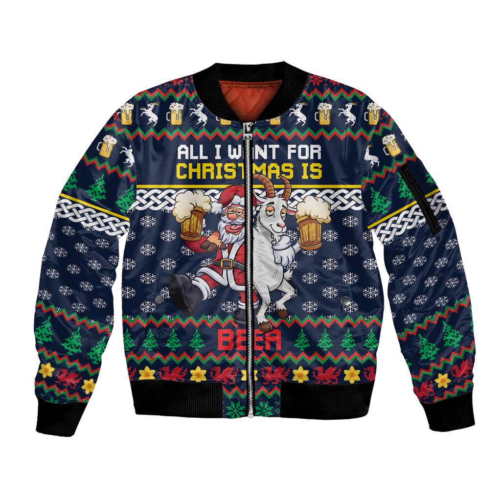 Personalized Merionethshire Wales Christmas Sleeve Zip Bomber Jacket Beer and Goat Santa Design - Wonder Print Shop