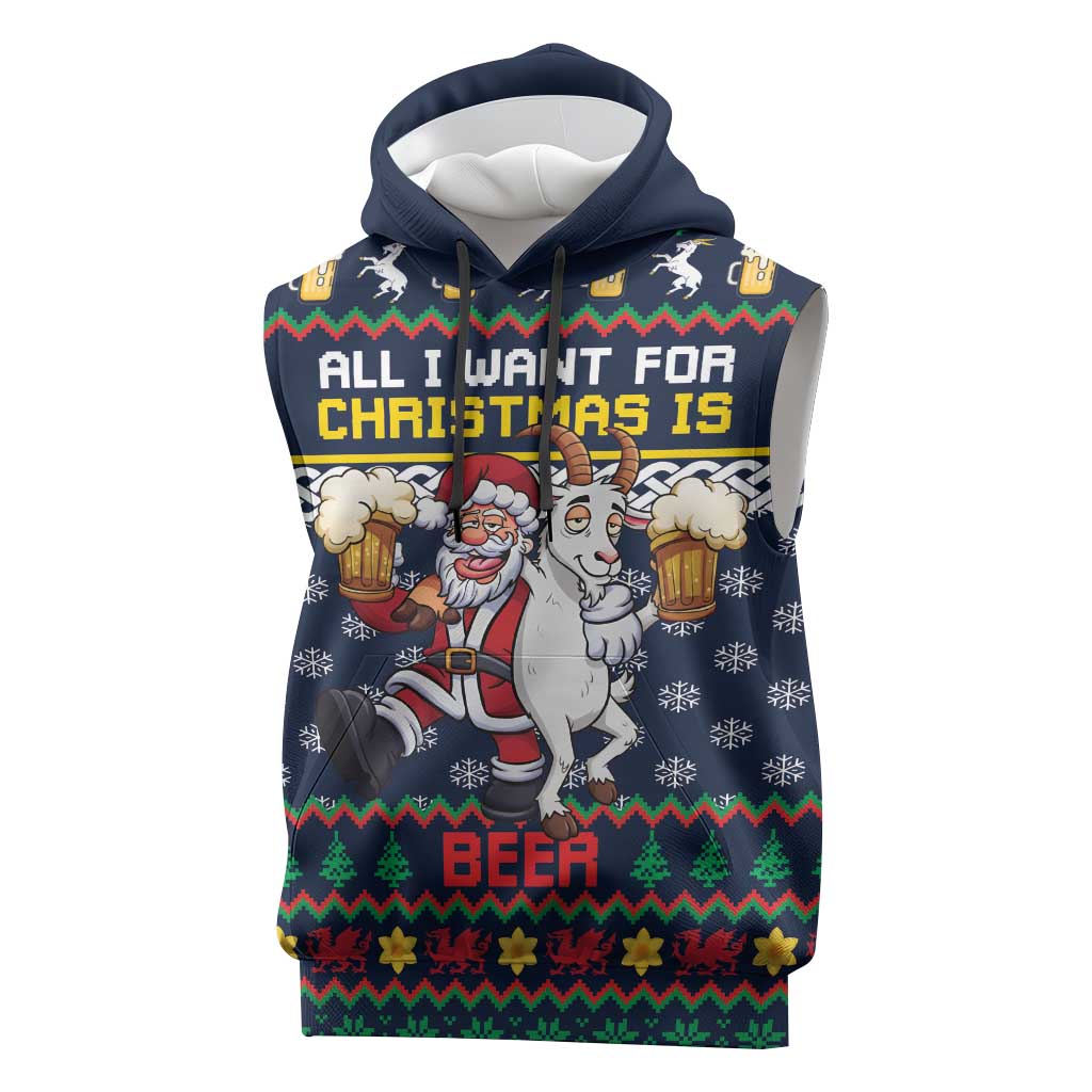 Personalized Merionethshire Wales Christmas Sleeveless Hoodie Beer and Goat Santa Design - Wonder Print Shop