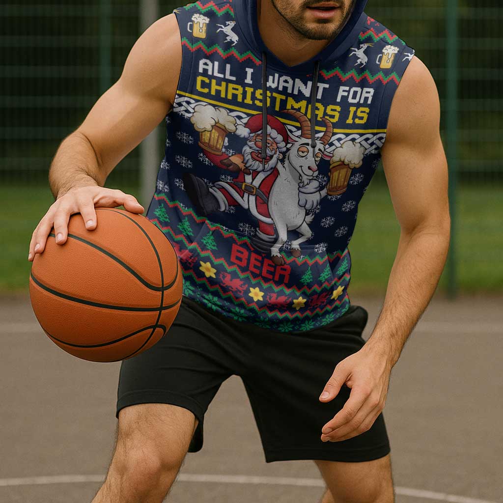 Personalized Merionethshire Wales Christmas Sleeveless Hoodie Beer and Goat Santa Design - Wonder Print Shop