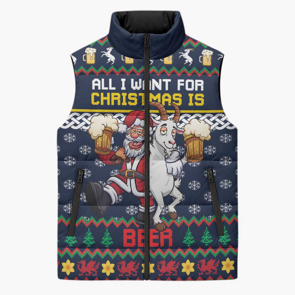 Personalized Merionethshire Wales Christmas Sleeveless Puffer Jacket Beer and Goat Santa Design - Wonder Print Shop