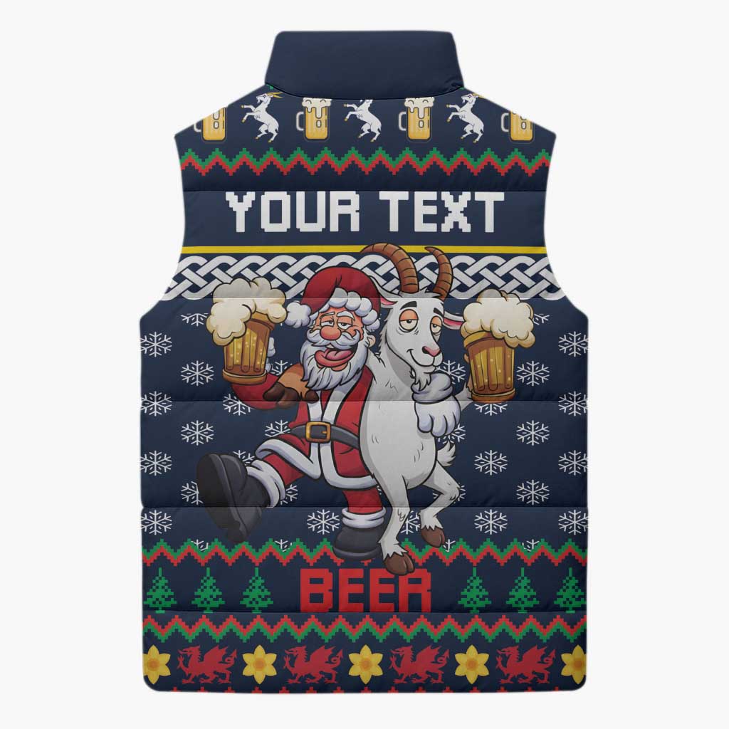 Personalized Merionethshire Wales Christmas Sleeveless Puffer Jacket Beer and Goat Santa Design - Wonder Print Shop