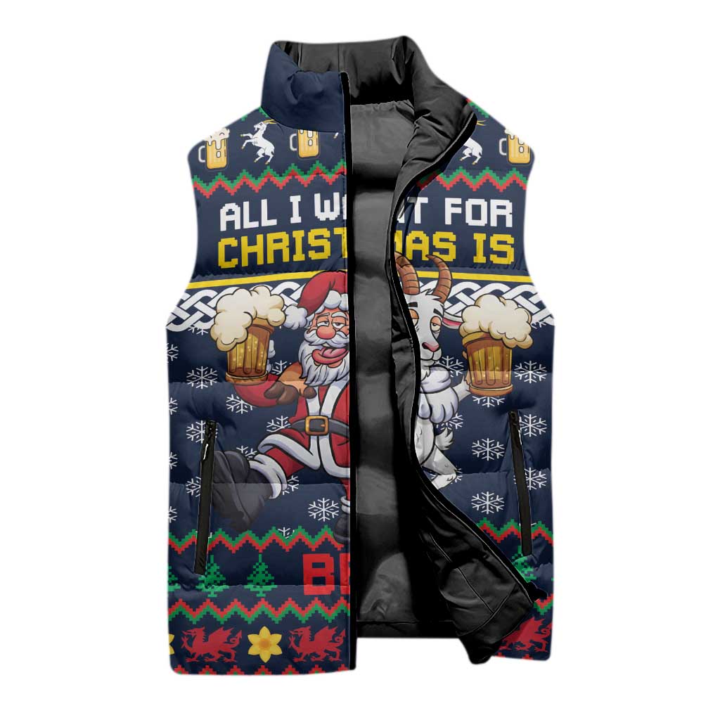 Personalized Merionethshire Wales Christmas Sleeveless Puffer Jacket Beer and Goat Santa Design - Wonder Print Shop