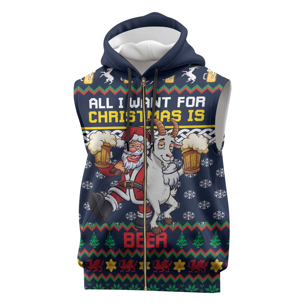 Personalized Merionethshire Wales Christmas Sleeveless Zip Hoodie Beer and Goat Santa Design - Wonder Print Shop