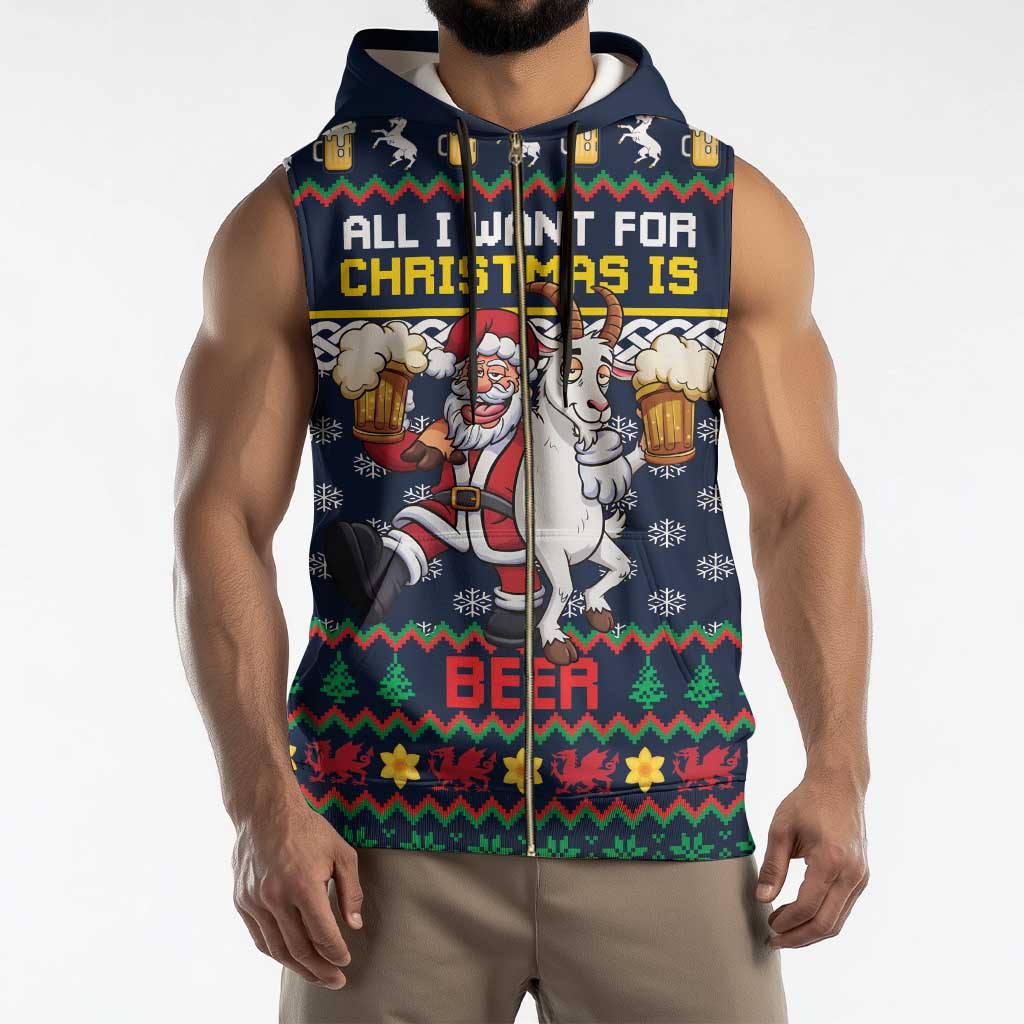 Personalized Merionethshire Wales Christmas Sleeveless Zip Hoodie Beer and Goat Santa Design - Wonder Print Shop