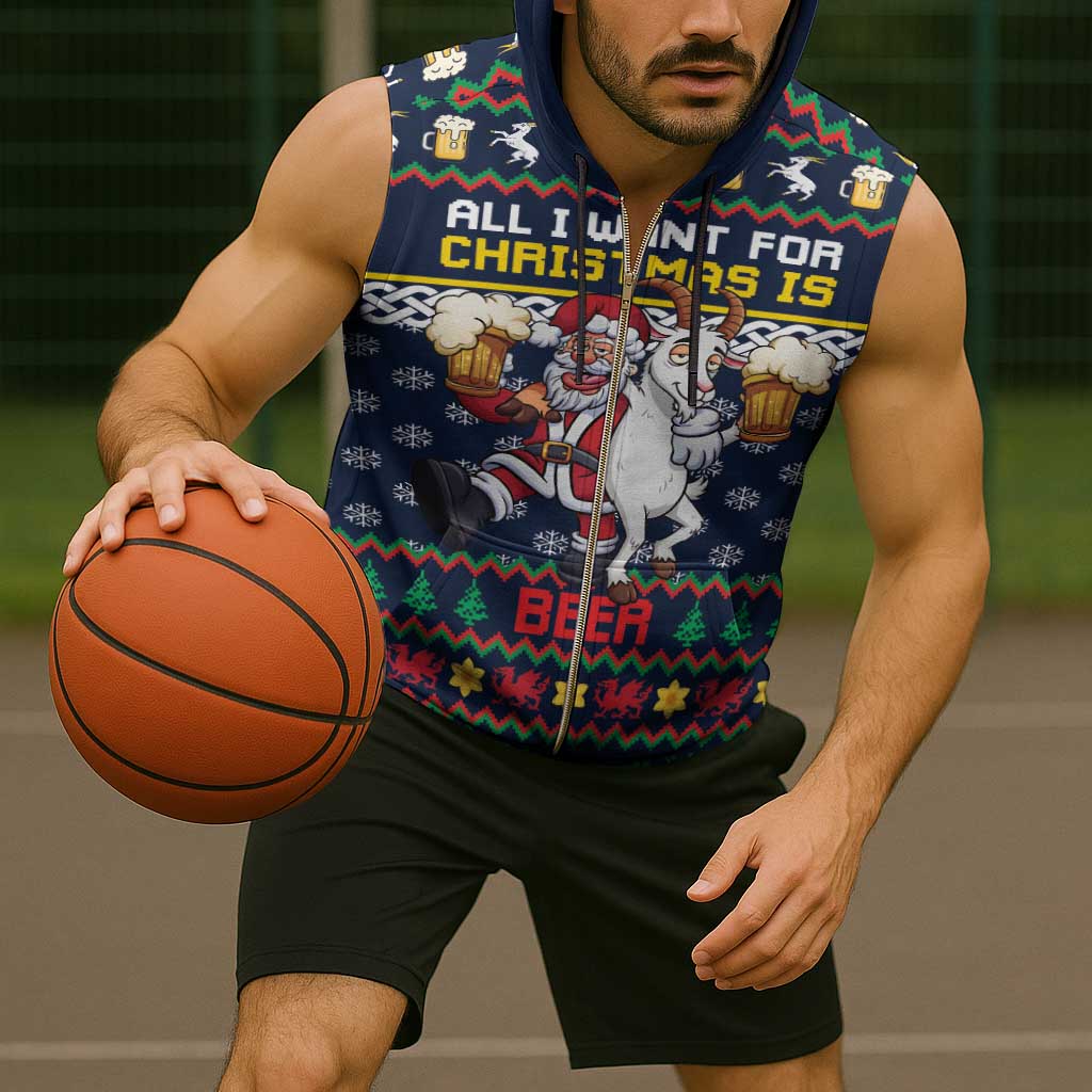 Personalized Merionethshire Wales Christmas Sleeveless Zip Hoodie Beer and Goat Santa Design - Wonder Print Shop
