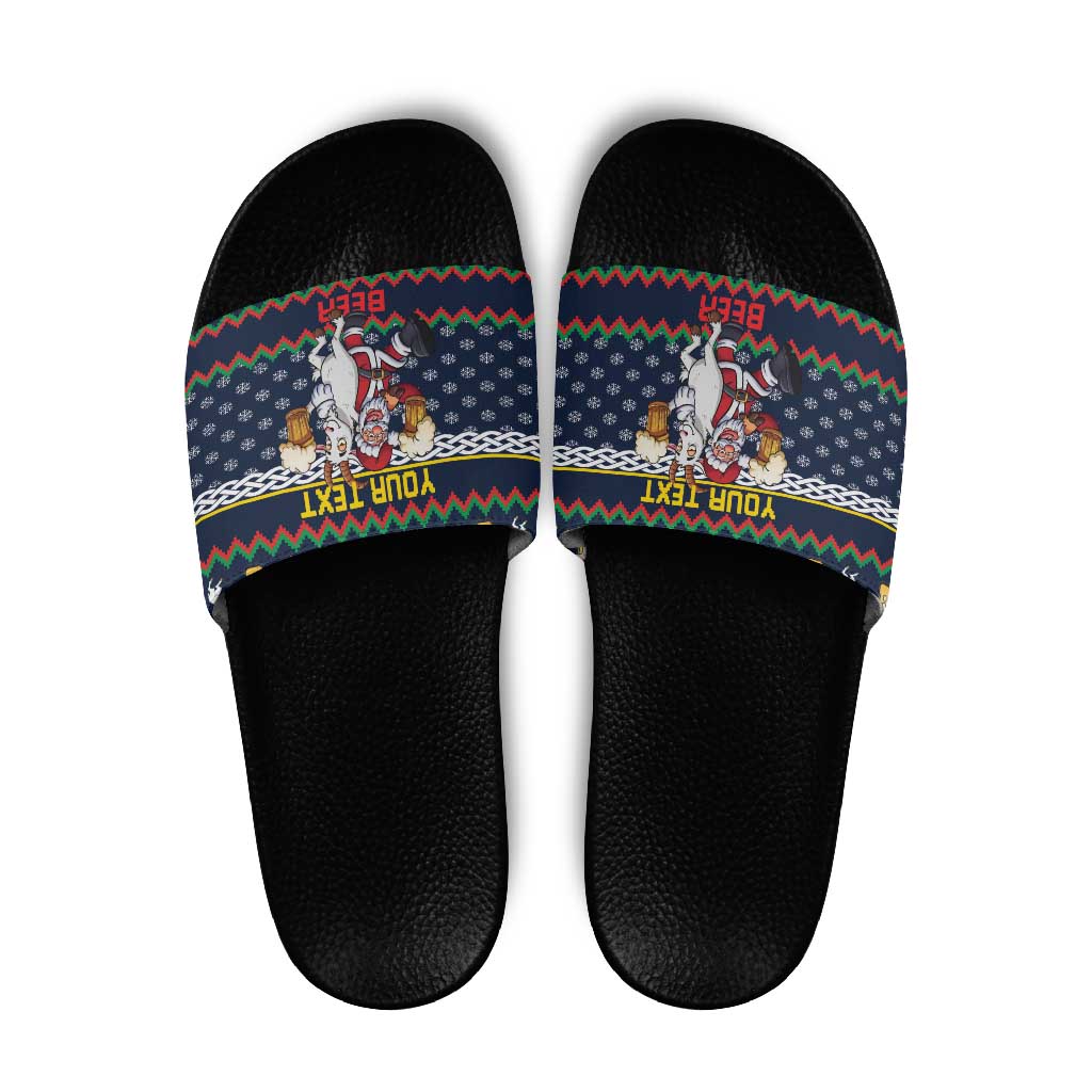 Personalized Merionethshire Wales Christmas Slide Sandals Beer and Goat Santa Design - Wonder Print Shop