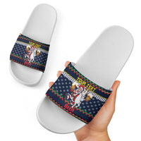 Personalized Merionethshire Wales Christmas Slide Sandals Beer and Goat Santa Design - Wonder Print Shop