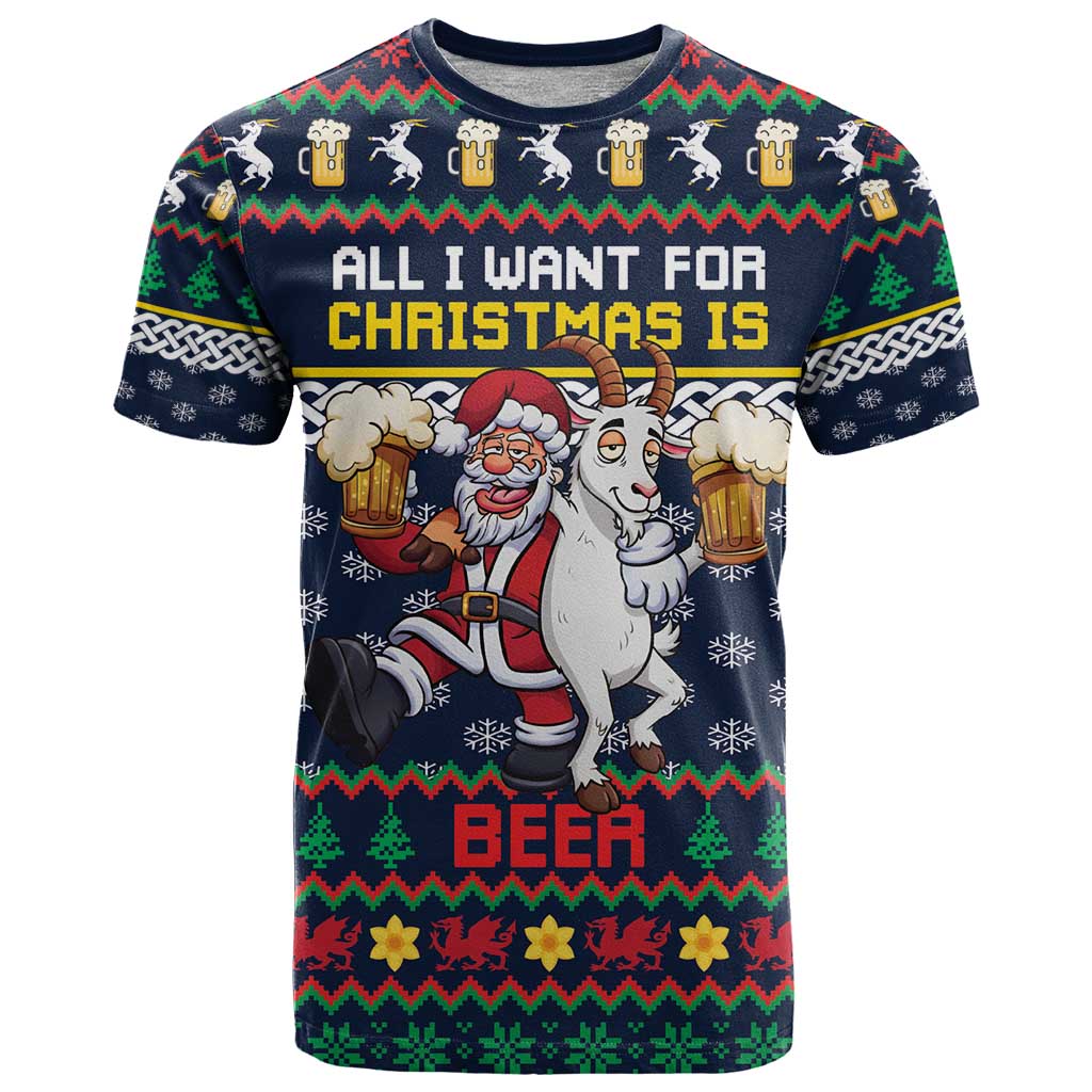 Personalized Merionethshire Wales Christmas T Shirt Beer and Goat Santa Design - Wonder Print Shop
