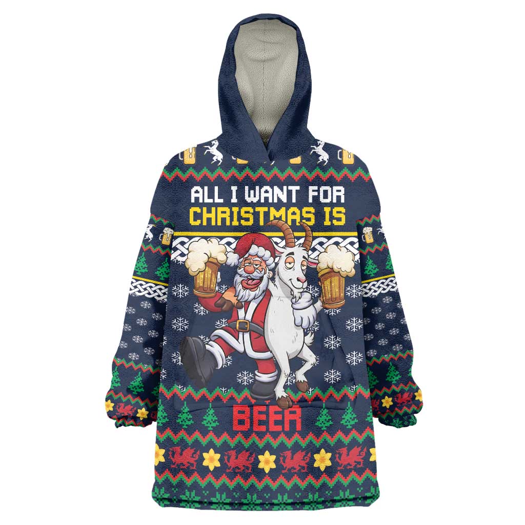 Personalized Merionethshire Wales Christmas Wearable Blanket Hoodie Beer and Goat Santa Design - Wonder Print Shop