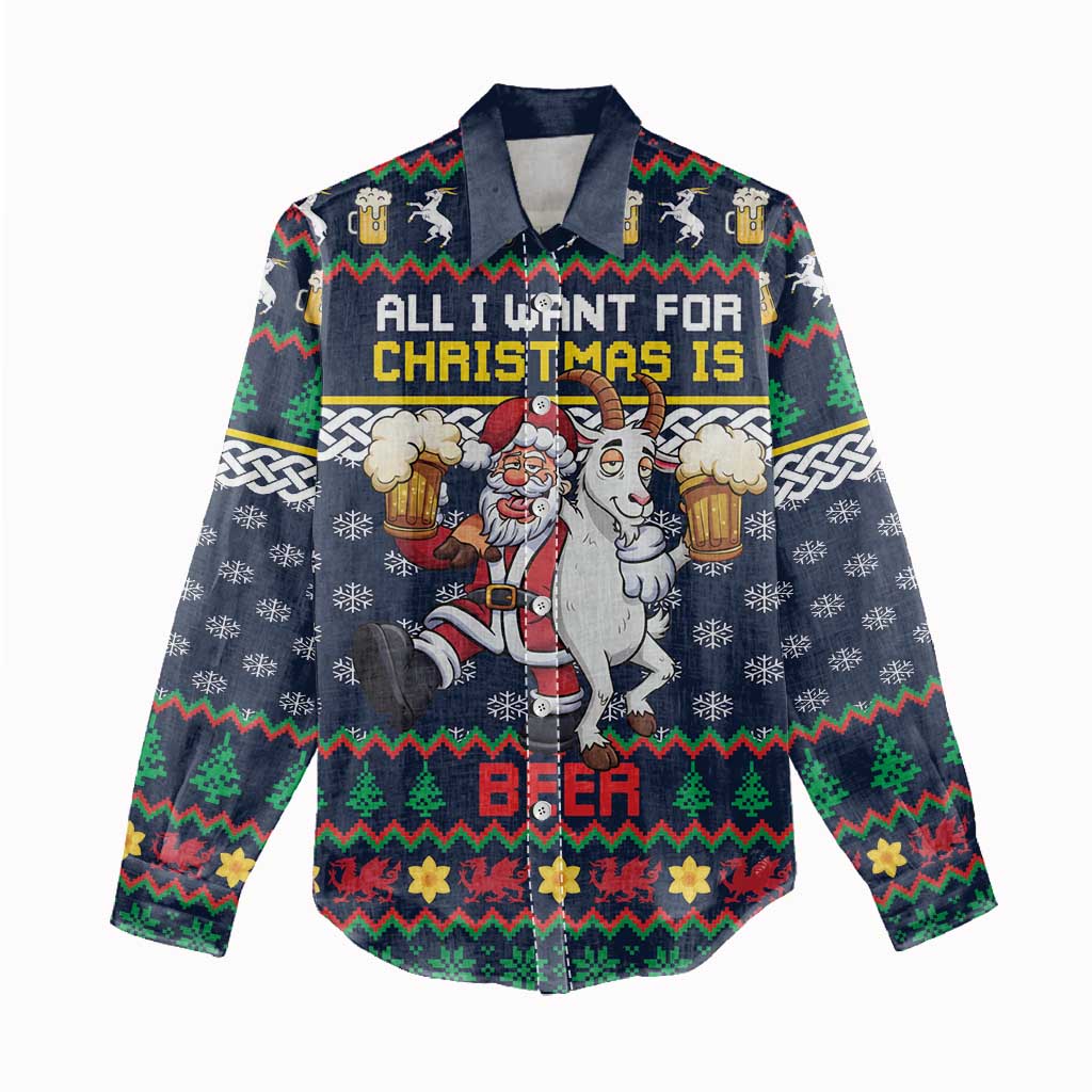 Personalized Merionethshire Wales Christmas Women Casual Shirt Beer and Goat Santa Design - Wonder Print Shop