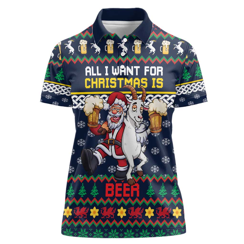 Personalized Merionethshire Wales Christmas Women Polo Shirt Beer and Goat Santa Design - Wonder Print Shop