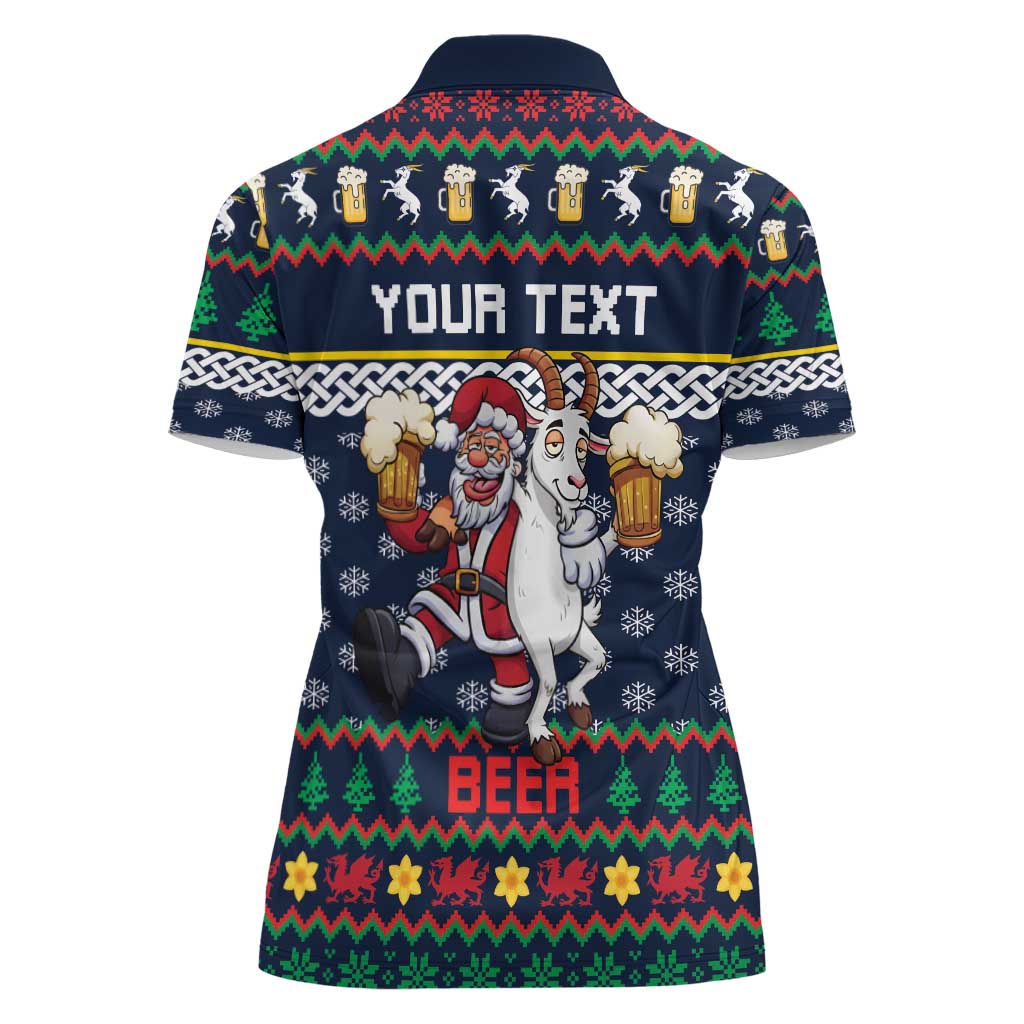 Personalized Merionethshire Wales Christmas Women Polo Shirt Beer and Goat Santa Design - Wonder Print Shop