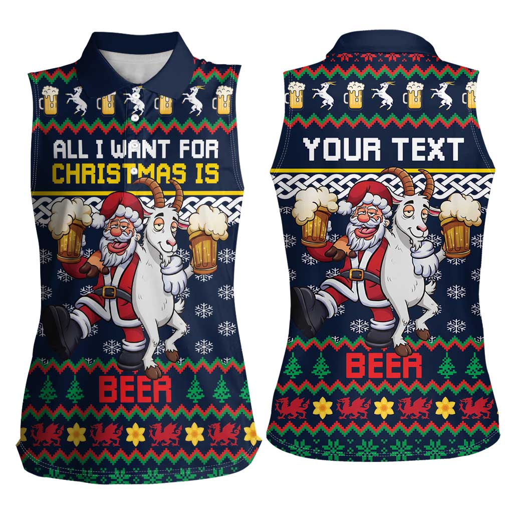 Personalized Merionethshire Wales Christmas Women Sleeveless Polo Shirt Beer and Goat Santa Design - Wonder Print Shop