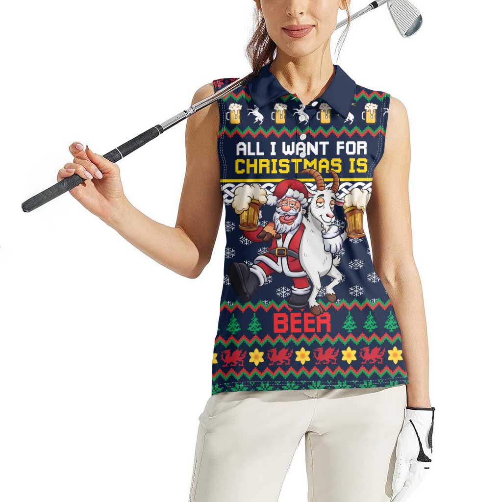Personalized Merionethshire Wales Christmas Women Sleeveless Polo Shirt Beer and Goat Santa Design - Wonder Print Shop