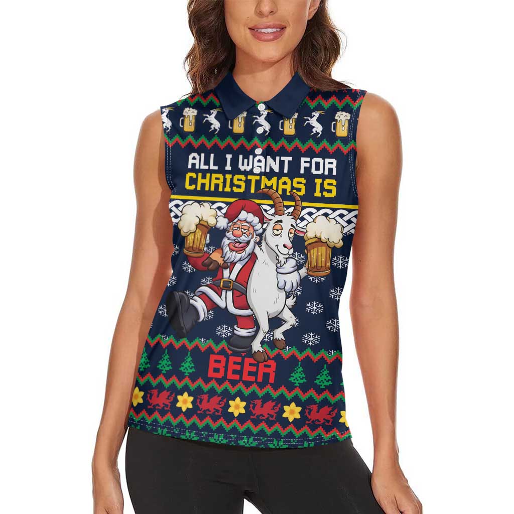 Personalized Merionethshire Wales Christmas Women Sleeveless Polo Shirt Beer and Goat Santa Design - Wonder Print Shop