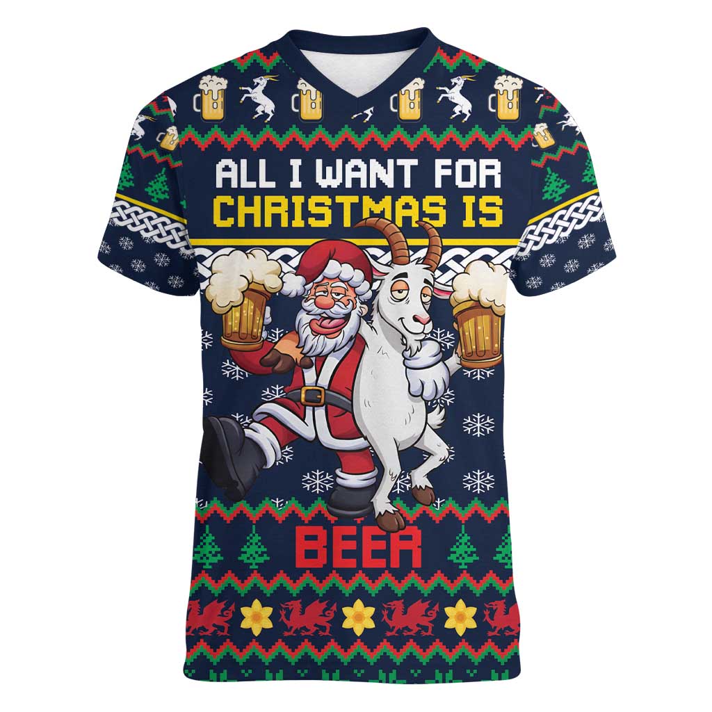 Personalized Merionethshire Wales Christmas Women V-Neck T-Shirt Beer and Goat Santa Design - Wonder Print Shop