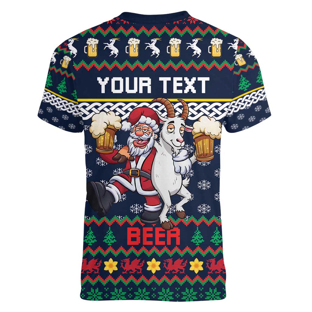 Personalized Merionethshire Wales Christmas Women V-Neck T-Shirt Beer and Goat Santa Design - Wonder Print Shop