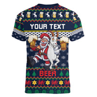 Personalized Merionethshire Wales Christmas Women V-Neck T-Shirt Beer and Goat Santa Design - Wonder Print Shop