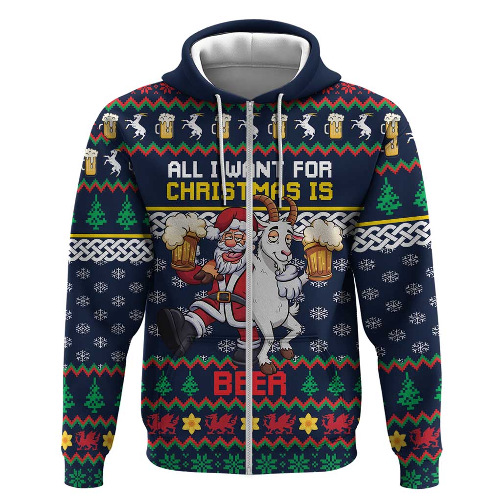 Personalized Merionethshire Wales Christmas Zip Hoodie Beer and Goat Santa Design - Wonder Print Shop